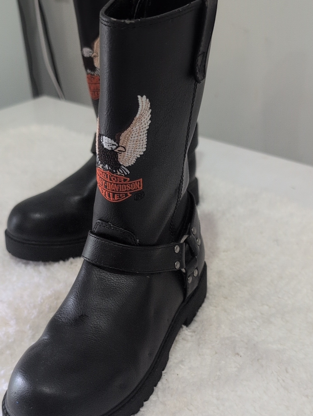 Harley-Davidson Black Leather Harness Motorcycle Boots with Embroidered Eagle